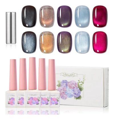 Version 1.0.0 ADHERE 12ml 5pcs Cat Eye Gel Kit with Magnetic Stick, Cat Eye Gel Polish Holographic Glitter UV LED Nail Varnish for Nail Salon DIY Design