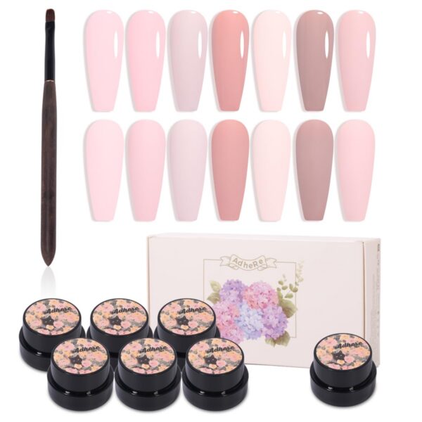 Version 1.0.0 ADHERE 7pcs Nude Pink Gel Polish Kit with Brush, UV LED Gel Nail Polish, Soak Off Nail Varnish Gel Polish for Manicure Salon DIY Design at Home