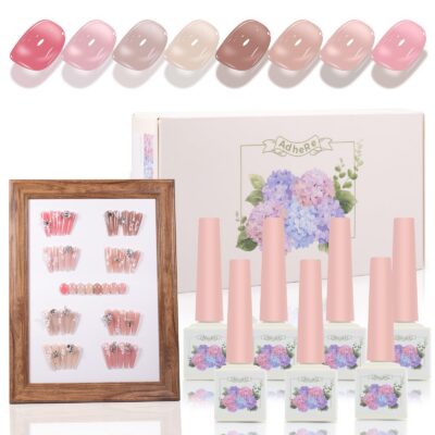 Version 1.0.0 ADHERE 12ml 8pcs Translucent Nude Pink Gel Kit, UV LED Gel Nail Polish, Soak Off Nail Varnish Gel Polish for Manicure Salon DIY Design at Home
