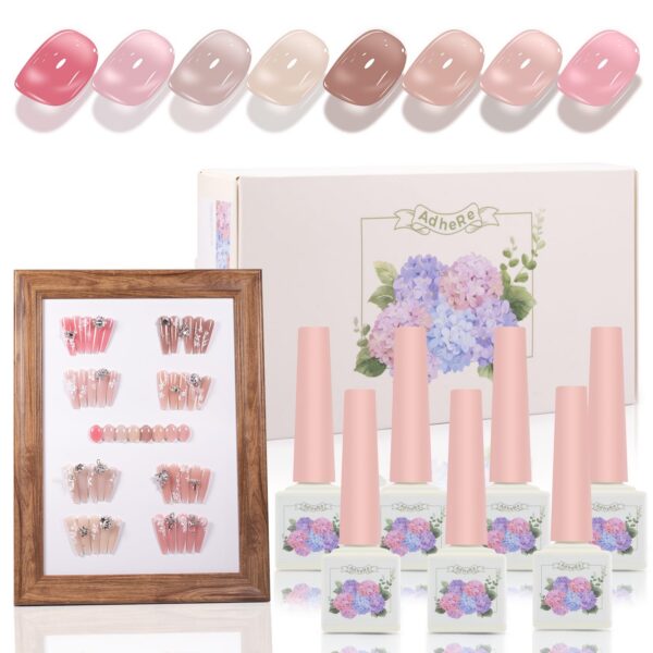 Version 1.0.0 ADHERE 12ml 8pcs Translucent Nude Pink Gel Kit, UV LED Gel Nail Polish, Soak Off Nail Varnish Gel Polish for Manicure Salon DIY Design at Home