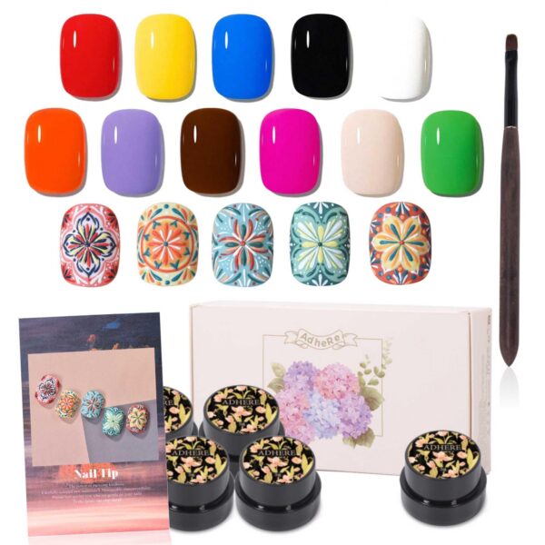 Version 1.0.0 ADHERE 11pcs Nail Art Painting Gel Kit with Brush, White Black Red Yellow Nude Blue Rose Classic Color UV LED Gel Nail Polish, Soak Off Nail Varnish Gel Polish for Manicure Salon DIY Design at Home