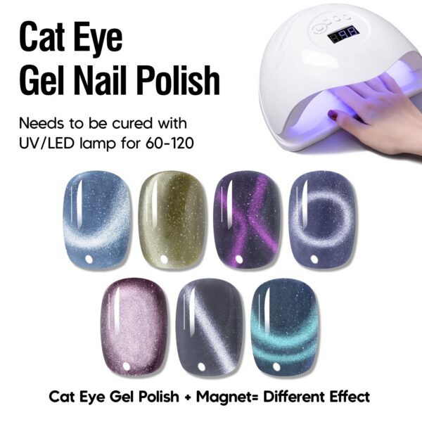 Version 1.0.0 ADHERE 12ml 7pcs Cat Eye Gel Kit with Magnetic Stick, Blue Purple Green Cat Eye Gel Polish Holographic Glitter UV LED Nail Varnish for Nail Salon DIY Design