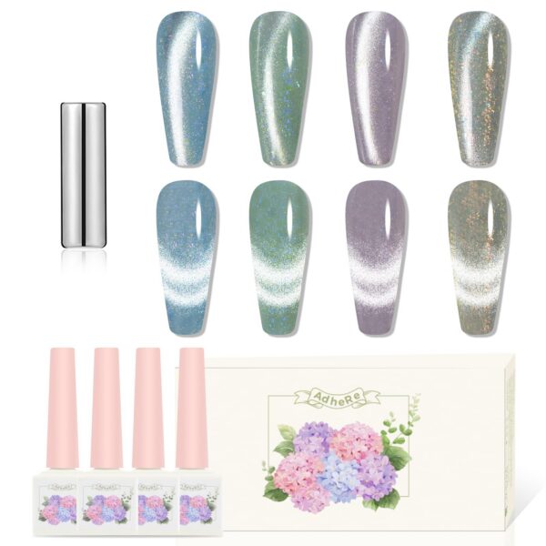 Version 1.0.0 ADHERE 12ML Cat Eye Gel Nail Polish Set,4 Colors Holographic Glitter Cat Eye Gel Polish with Magnet Gel Polish Soak Off Led Gel Polish Kit Nail Art Gel Manicure Salon DIY Gifts