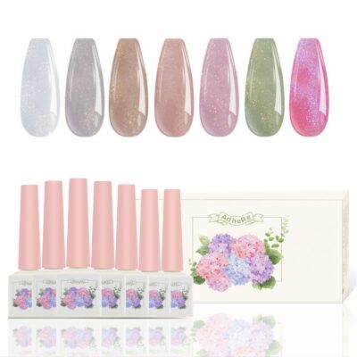 Version 1.0.0 ADHERE 12ml 7pcs Glitter Nude Translucent Gel Polish Set, Fine Glitter Gel Nail Polish, Shimmery Nail Polish Gel Polish for Nail Art Manicure Salon DIY at Home