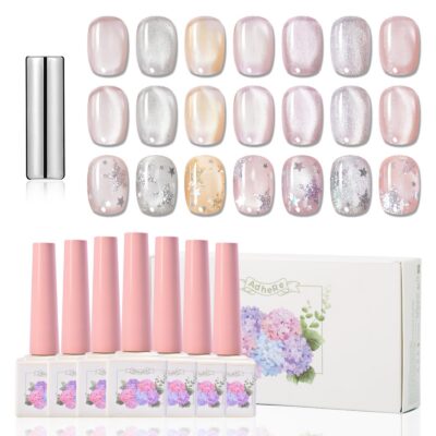 Version 1.0.0 ADHERE 12ml 7pcs Translucent Cat Eye Gel Set with Magnetic Stick, Cat Eye Gel Polish Holographic Glitter UV LED Nail Varnish for Nail Salon DIY Design