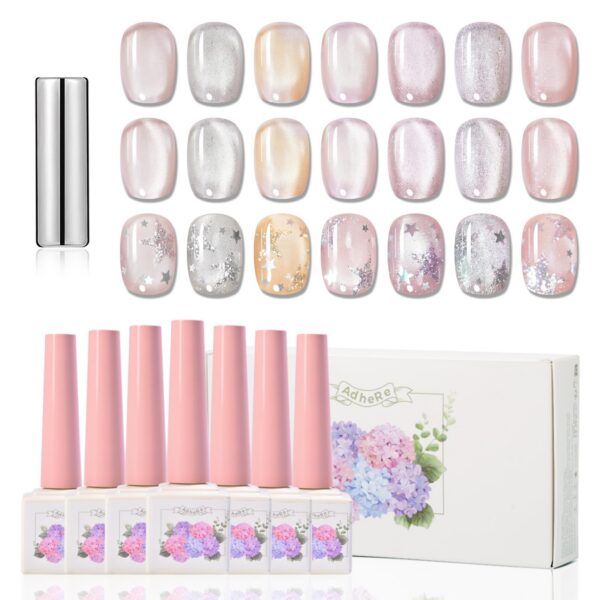 Version 1.0.0 ADHERE 12ml 7pcs Translucent Cat Eye Gel Set with Magnetic Stick, Cat Eye Gel Polish Holographic Glitter UV LED Nail Varnish for Nail Salon DIY Design