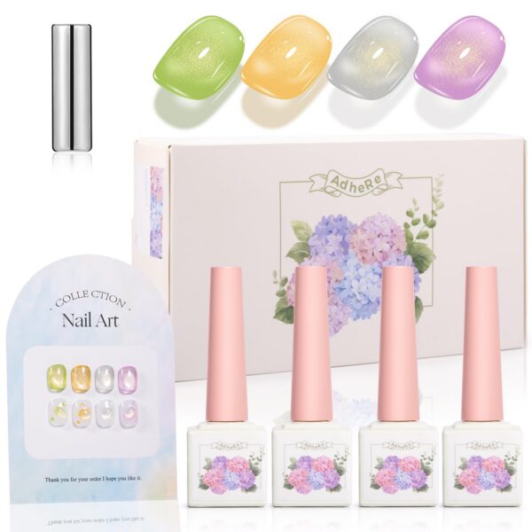 Version 1.0.0 ADHERE 12ml 4pcs Translucent Cat Eye Gel Set with Magnetic Stick, Cat Eye Gel Polish Holographic Glitter UV LED Nail Varnish for Nail Salon DIY Design
