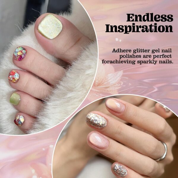 Version 1.0.0 ADHERE 7pcs Glitter Gel Kit with Brush, Sparkle Sequins Shimmery Gel Nail Polish for Nail Art Manicure Salon DIY at Home