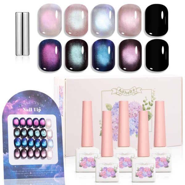 Version 1.0.0 ADHERE 12ml 5pcs Universal Magnetic Gel Set with Magnetic Stick, 1 x Black + 4 x Cat Eye Gel Polish Holographic Glitter UV LED Nail Varnish for Nail Salon DIY Design