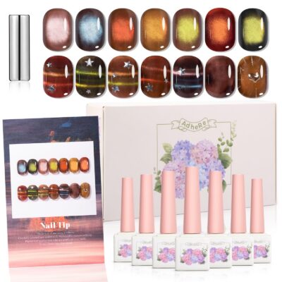 Version 1.0.0 ADHERE 12ml x7 Magnetic Gel Kit with Magnetic Stick, Brown Red Blue Green Orange Cat Eye Gel Polish Holographic Glitter UV LED Nail Varnish for Nail Salon DIY Design