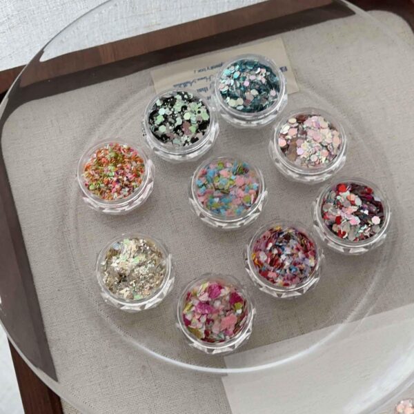Version 1.0.0 ADHERE 9pcs Nail Glitter Kit with Mixing Gel + Mixing stick, Multi-Use Chunky Glitter Powder, Sparkle Shimmer Sequins, for Nail Salon, Resin Art, UV Epoxy, DIY Slime Making