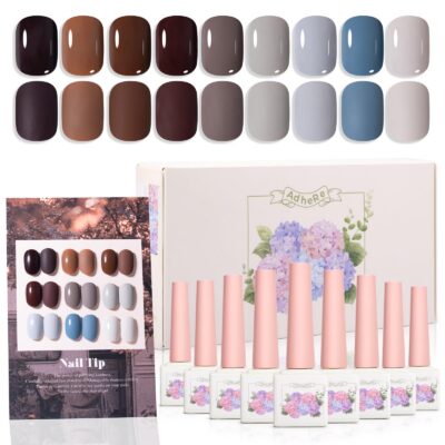 Version 1.0.0 ADHERE 12ml 9pcs Nail Polish Kit, Beige Blue Brown UV LED Gel Nail Polish, Soak Off Nail Varnish Gel Polish for Manicure Salon DIY Design at Home