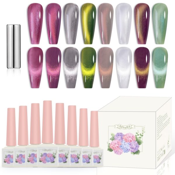 Version 1.0.0 ADHERE 8pcs of 12ml Cat Eye Gel Polish Magnet Set - Purple Grey Green White Magnetic Gel Nail Varnish Glitter Shimmering Sparkle Nail Art with Magnetic Effects Cat Eye Nail Gel Polish