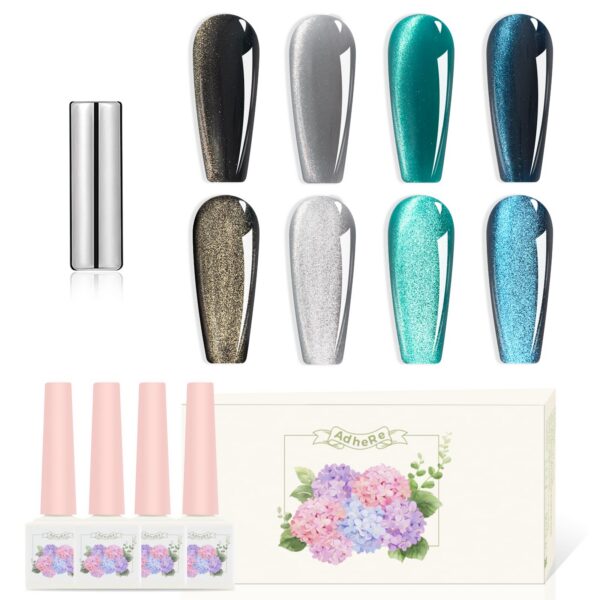 Version 1.0.0 Adhere 12ml 4 Colors Cat Eye Nail Polish Gel Kit - Magnetic Silver Black Blue Glitter Cat Eye Gel Nail Polish Soak Off Magnetic Varnish