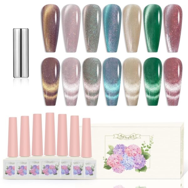 Version 1.0.0 ADHERE 12ml 7pcs Magnetic Nail Polish Gel Kit with Nail Magnet - Cat Eye Gel Nail Polish Glitter Shining Nude Pink Nail Gel Polish Green Nail Varnish