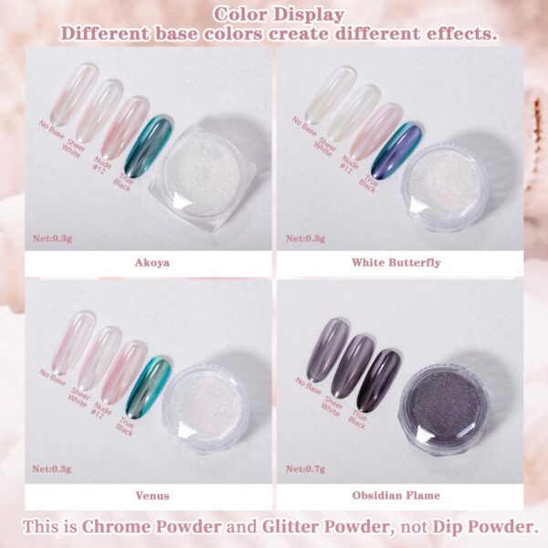 Version 1.0.0 ADHERE 5pcs Pearl Series, 3 Pearl Chrome Powder + 1 Dark Purple Mirror Chrome Nail Powder + 1 Glitter, Holographic Shimmer Pearlescent Finish & Mirror Metallic Shine