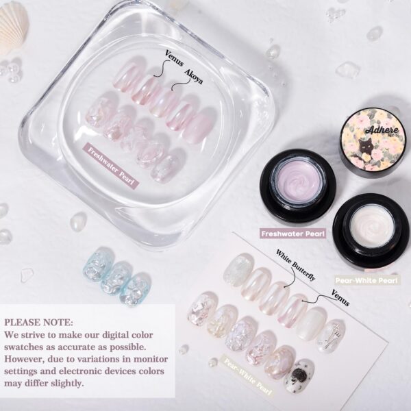 Version 1.0.0 ADHERE 7pcs Pearl Series, 5gx2 Pearl Gel + 3 Chrome Powder + 1 Dark Purple Mirror Chrome Nail Powder + 1 Glitter, Holographic Shimmer Pearlescent Finish & Mirror Metallic Shine