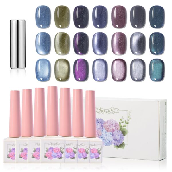 Version 1.0.0 ADHERE 12ml 7pcs Cat Eye Gel Kit with Magnetic Stick, Blue Purple Green Cat Eye Gel Polish Holographic Glitter UV LED Nail Varnish for Nail Salon DIY Design