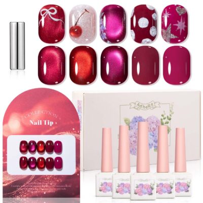 Version 1.0.0 ADHERE 12ml x5 Gel Polish Kit with Magnetic Stick, 3x Cat Eye + 2x Color Gel Cat Eye Gel Polish Holographic Glitter UV LED Nail Varnish for Nail Salon DIY Design