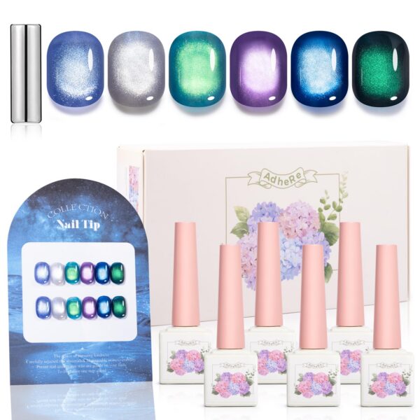 Version 1.0.0 ADHERE 12ml x6 Magnetic Gel Polish Kit with Magnetic Stick, Blue Silver Dark Green Purple Cat Eye Gel Polish Holographic Glitter UV LED Nail Varnish for Nail Salon DIY Design