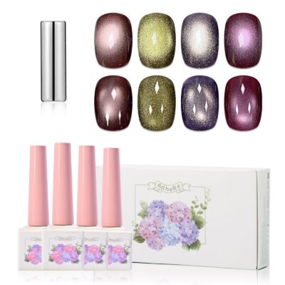 Version 1.0.0 ADHERE 12ml 4pcs Magnetic Gel Set with Magnetic Stick, Cat Eye Gel Polish Holographic Glitter UV LED Nail Varnish for Nail Salon DIY Design