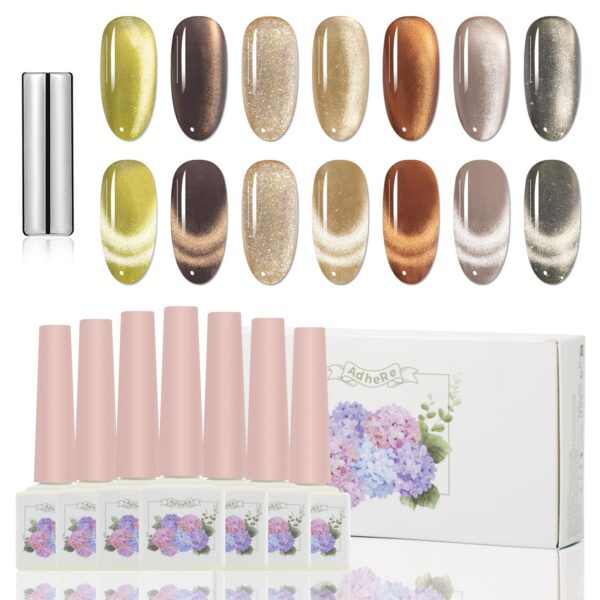 Version 1.0.0 ADHERE 12ml 7pcs Magnetic Nail Polish Gel Kit with Nail Magnet - Cat Eye Gel Nail Polish Glitter Shining Nude Pink Nail Gel Polish Green Nail Varnish