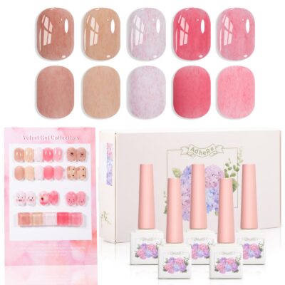 Version 1.0.0 ADHERE 12ml x5 Pcs Fur Gel Nail Polish Set, Milky White Pink Beige Cinnamon Brown Furry Fall Winter Colors, Fluffy Velvety Fuzzy Feel Gel Polish Collection, UV LED Cured Nail Varnish