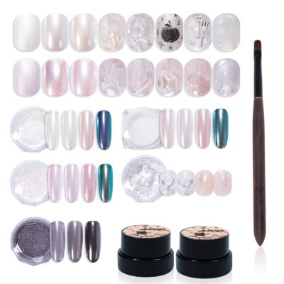 Version 1.0.0 ADHERE 7pcs Pearl Series, 5gx2 Pearl Gel + 3 Chrome Powder + 1 Dark Purple Mirror Chrome Nail Powder + 1 Glitter, Holographic Shimmer Pearlescent Finish & Mirror Metallic Shine