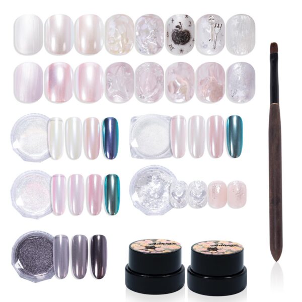 Version 1.0.0 ADHERE 7pcs Pearl Series, 5gx2 Pearl Gel + 3 Chrome Powder + 1 Dark Purple Mirror Chrome Nail Powder + 1 Glitter, Holographic Shimmer Pearlescent Finish & Mirror Metallic Shine