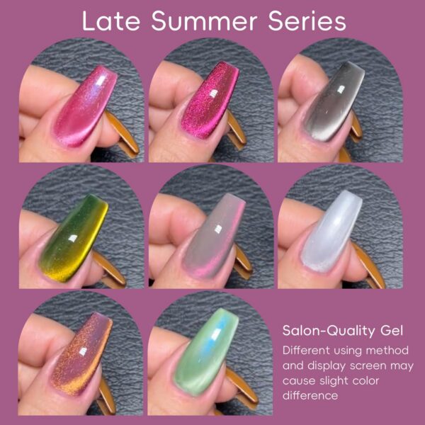 Version 1.0.0 ADHERE 8pcs of 12ml Cat Eye Gel Polish Magnet Set - Purple Grey Green White Magnetic Gel Nail Varnish Glitter Shimmering Sparkle Nail Art with Magnetic Effects Cat Eye Nail Gel Polish