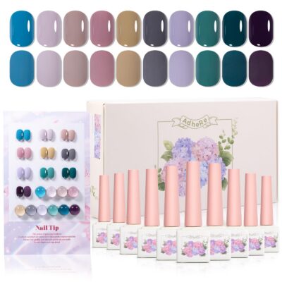Version 1.0.0 ADHERE 12ml x10 Color Polish Gel Kit, Light Purple Blue Pink Yellow Dark Green UV LED Gel Nail Polish, Soak Off Nail Varnish Gel Polish for Manicure Salon DIY Design at Home