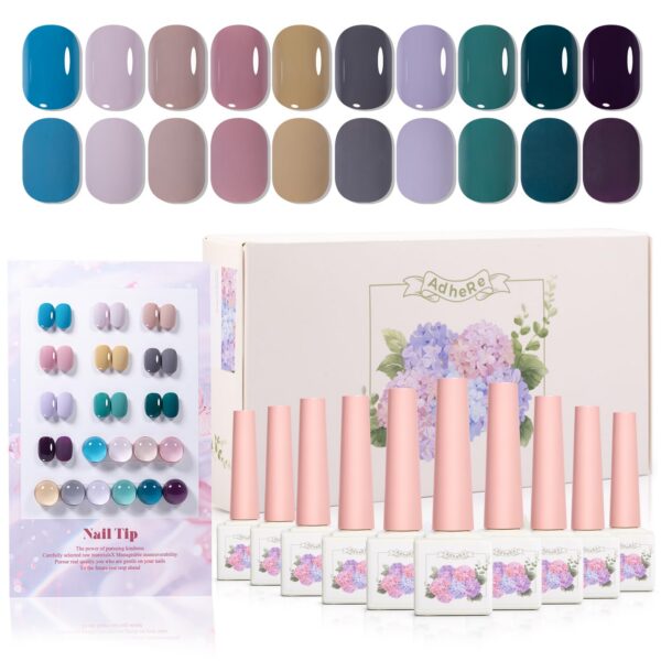 Version 1.0.0 ADHERE 12ml x10 Color Polish Gel Kit, Light Purple Blue Pink Yellow Dark Green UV LED Gel Nail Polish, Soak Off Nail Varnish Gel Polish for Manicure Salon DIY Design at Home