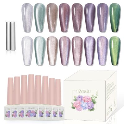 Version 1.0.0 ADHERE 12ml 8pcs Cat Eye Gel Nail Polish Kit with Magnetic Stick - Blue Purple Green Mint Silver White Glitter Shining Magnetic Polish Gel para uñas Nail Varnish