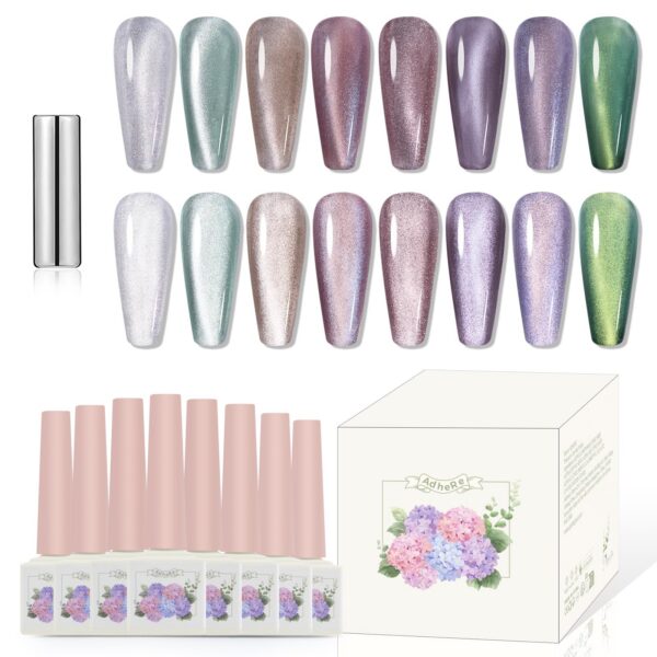 Version 1.0.0 ADHERE 12ml 8pcs Cat Eye Gel Nail Polish Kit with Magnetic Stick - Blue Purple Green Mint Silver White Glitter Shining Magnetic Polish Gel para uñas Nail Varnish
