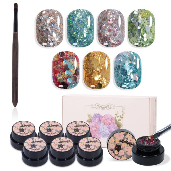 Version 1.0.0 ADHERE 7pcs Glitter Gel Kit with Brush, Sparkle Sequins Shimmery Gel Nail Polish for Nail Art Manicure Salon DIY at Home