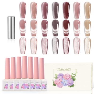 Version 1.0.0 Adhere 12ml 7pcs Cat Eye Nail Polish Gel Kit with Magnetic Stick - Pink Rose Beige Gel Nail Polish Varnish Magnetic Gel Polish Soak Off Nude Manicure Nail Salon