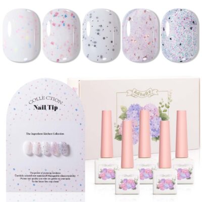Version 1.0.0 ADHERE 12ml 5pcs Glitter Flakies Gel Kit, Sparkle Sequins Shimmery Gel Nail Polish for Nail Art Manicure Salon DIY at Home