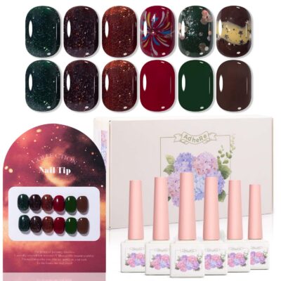 Version 1.0.0 ADHERE 12ml x 6pcs Nail Polish Kit, 3x Diamond Glitter + 3x Color Gel Dark Red Green Brown Crushed Diamond Dazzling Nail Varnish, Sparkly Shiny Reflective Sequins Gel Polish, for DIY Nail Art Salon