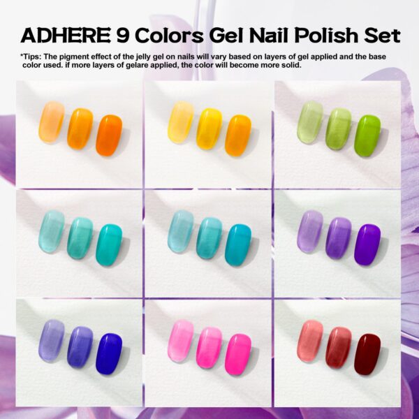 Version 1.0.0 ADHERE 12ml 9pcs Translucent Nail Gel Polish Kit, UV LED Gel Nail Polish, Soak Off Nail Varnish Gel Polish for Manicure Salon DIY Design at Home