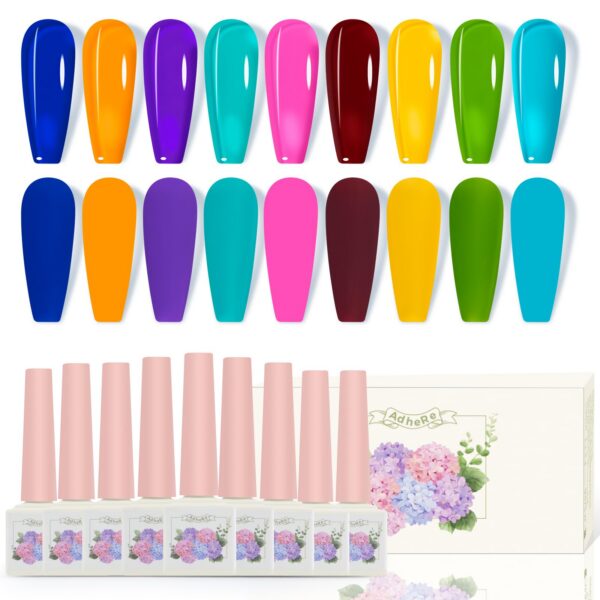 Version 1.0.0 ADHERE 12ml 9pcs Translucent Nail Gel Polish Kit, UV LED Gel Nail Polish, Soak Off Nail Varnish Gel Polish for Manicure Salon DIY Design at Home