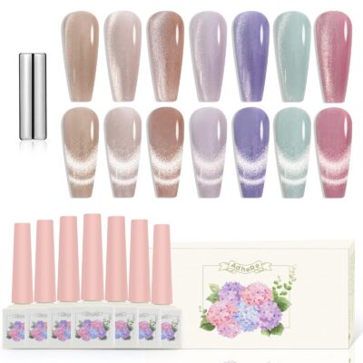 Version 1.0.0 Adhere 7pcs 12ml Cat Eye Nail Polish Gel Kit with Magnetic Stick, Beige Nude Purple Blue Rose Magnetic Cat Eye Gel Nail Polish para uñas Varnish for Manicure