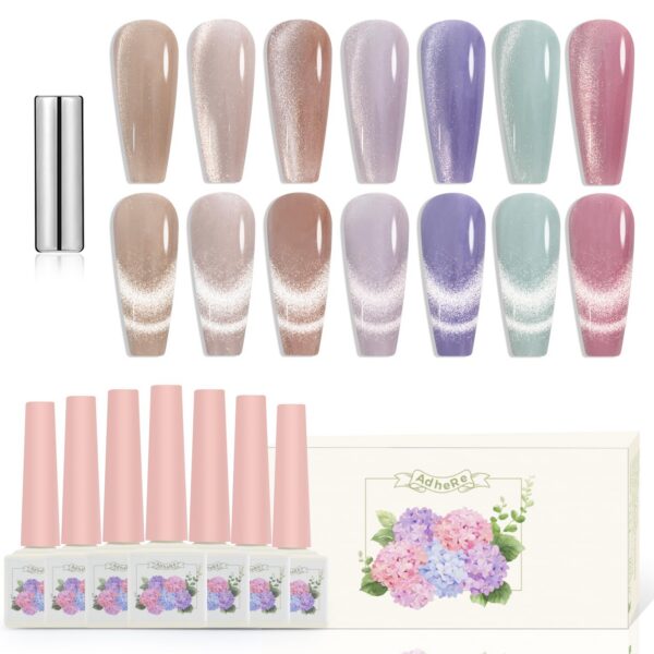 Version 1.0.0 Adhere 7pcs 12ml Cat Eye Nail Polish Gel Kit with Magnetic Stick, Beige Nude Purple Blue Rose Magnetic Cat Eye Gel Nail Polish para uñas Varnish for Manicure