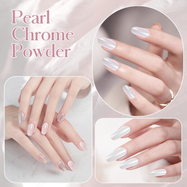 Version 1.0.0 ADHERE 5pcs Pearl Series, 3 Pearl Chrome Powder + 1 Dark Purple Mirror Chrome Nail Powder + 1 Glitter, Holographic Shimmer Pearlescent Finish & Mirror Metallic Shine