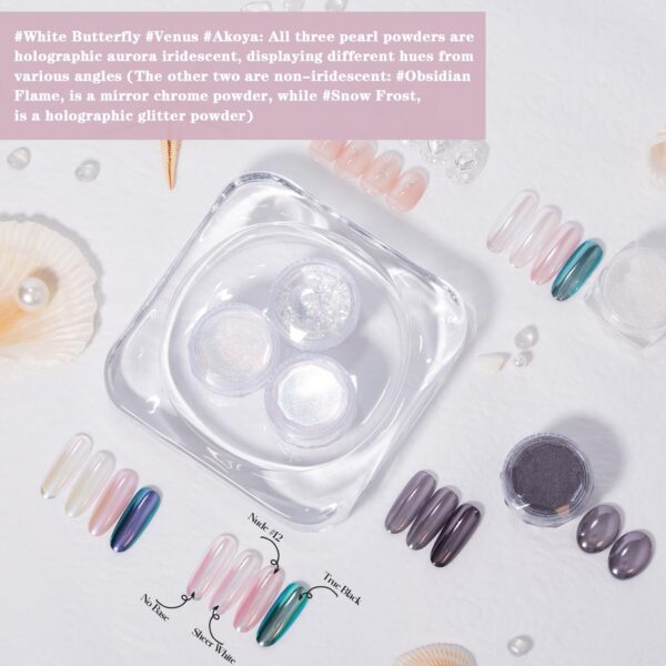 Version 1.0.0 ADHERE 5pcs Pearl Series, 3 Pearl Chrome Powder + 1 Dark Purple Mirror Chrome Nail Powder + 1 Glitter, Holographic Shimmer Pearlescent Finish & Mirror Metallic Shine