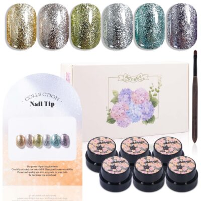 Version 1.0.0 ADHERE 6pcs Platinum Glitter Gel Kit with Brush, Sparkle Sequins Shimmery Gel Nail Polish for Nail Art Manicure Salon DIY at Home