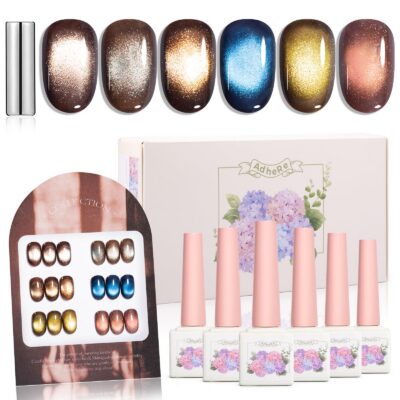Version 1.0.0 ADHERE 12ml x6 Cat Eye Gel Polish Kit with Magnetic Stick, Brown Blue Green Cat Eye Gel Polish Holographic Glitter UV LED Nail Varnish for Nail Salon DIY Design