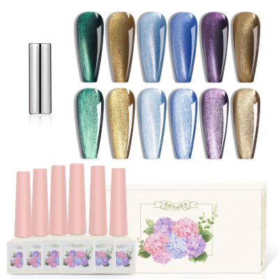 Version 1.0.0 ADHERE 12ml 6pcs Cat Eye Nail Gel Polish Set with Magnet - Green Brown Blue Purple Magnetic Gel Nail Varnish with Glitter Shimmering Sparkle Colors Magnetic Effects