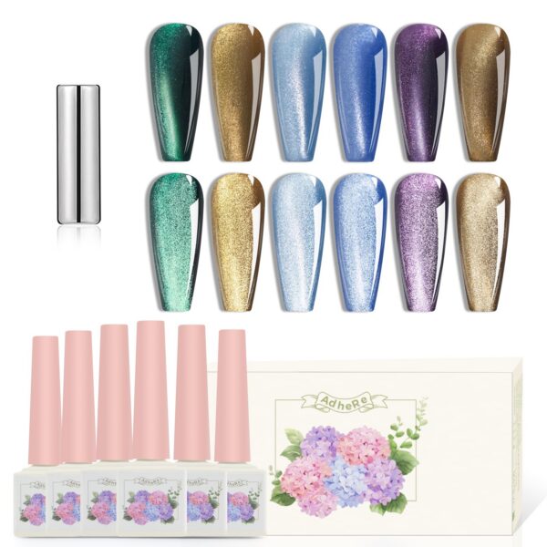 Version 1.0.0 ADHERE 12ml 6pcs Cat Eye Nail Gel Polish Set with Magnet - Green Brown Blue Purple Magnetic Gel Nail Varnish with Glitter Shimmering Sparkle Colors Magnetic Effects