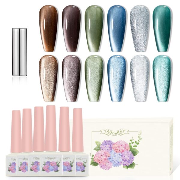 Version 1.0.0 Adhere 12ml 6pcs Magnetic Cat Eye Nail Gel Polish Kit - Brown Green Blue White Gel Nail Varnish para uñas Glitter Shining, UV/LED Needed