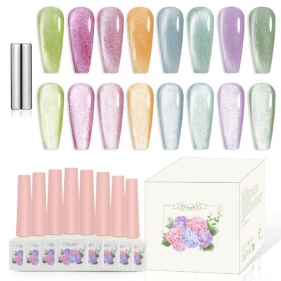 Version 1.0.0 Adhere 12ml 8pcs Candy Color Cat Eye Gel Nail Polish Kit with Magnet - Cat Eye Nail Polish Gel para uñas Glitter Shining Magnetic Varnish, UV/LED Needed